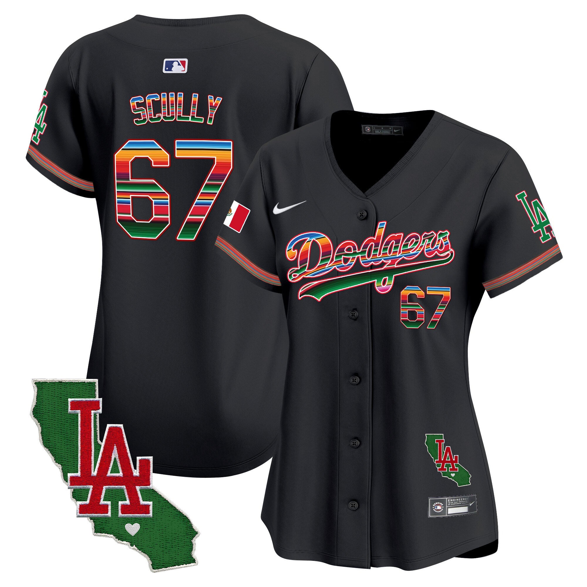 Women's Dodgers Mexico California Patch Vapor Premier Limited Jersey V2 - All Stitched - Black, Vin Scully