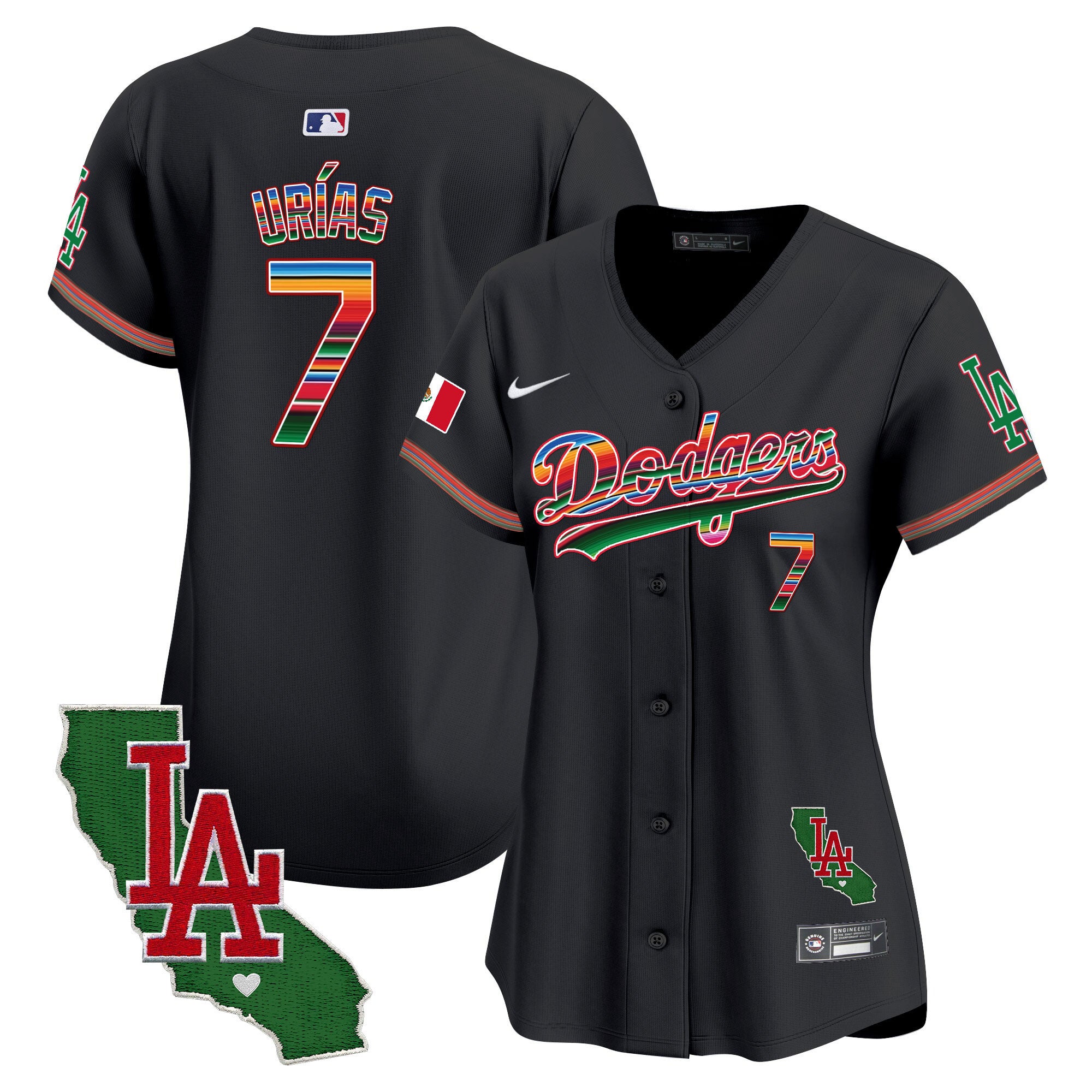 Women's Dodgers Mexico California Patch Vapor Premier Limited Jersey V2 - All Stitched - Black, Julio Urías