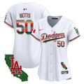 Women's Dodgers Mexico California Patch Vapor Premier Limited Jersey V2 - All Stitched - White, Mookie Betts