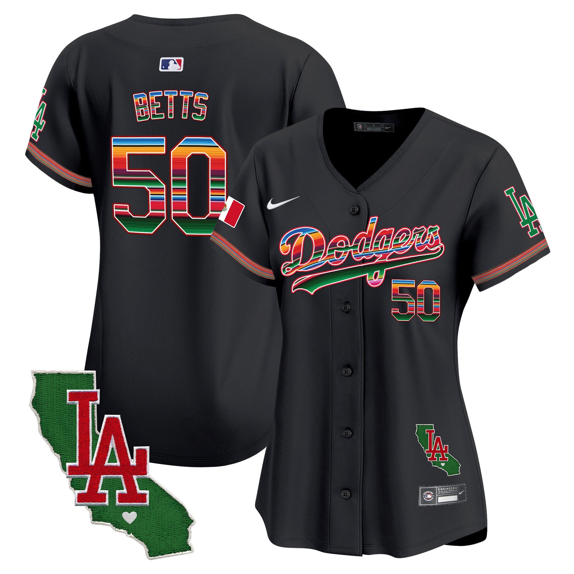 Women's Dodgers Mexico California Patch Vapor Premier Limited Jersey V2 - All Stitched - Black, Mookie Betts