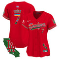 Women's Dodgers Mexico California Patch Vapor Premier Limited Jersey V2 - All Stitched - Red, Julio Urías