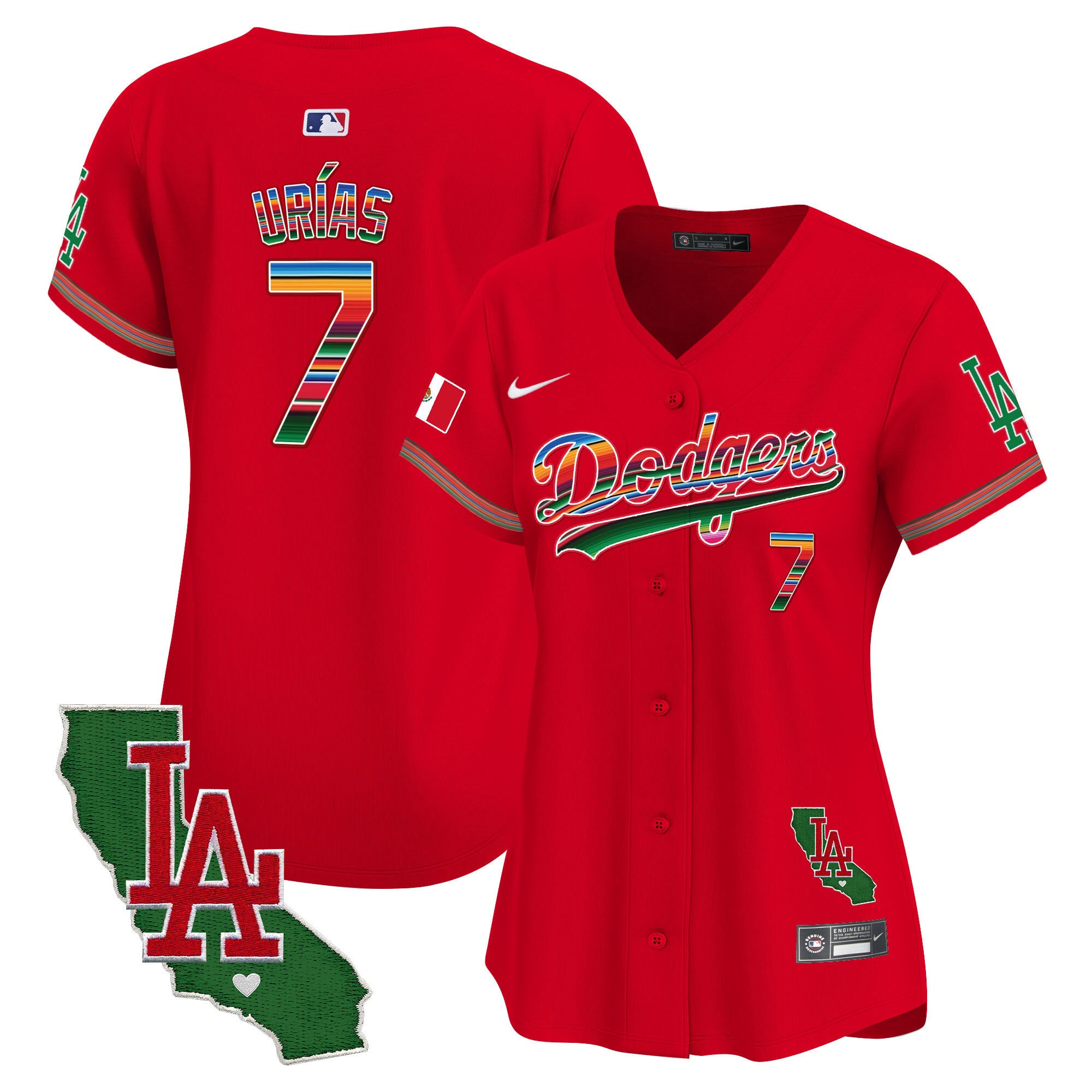 Women's Dodgers Mexico California Patch Vapor Premier Limited Jersey V2 - All Stitched - Red, Julio Urías
