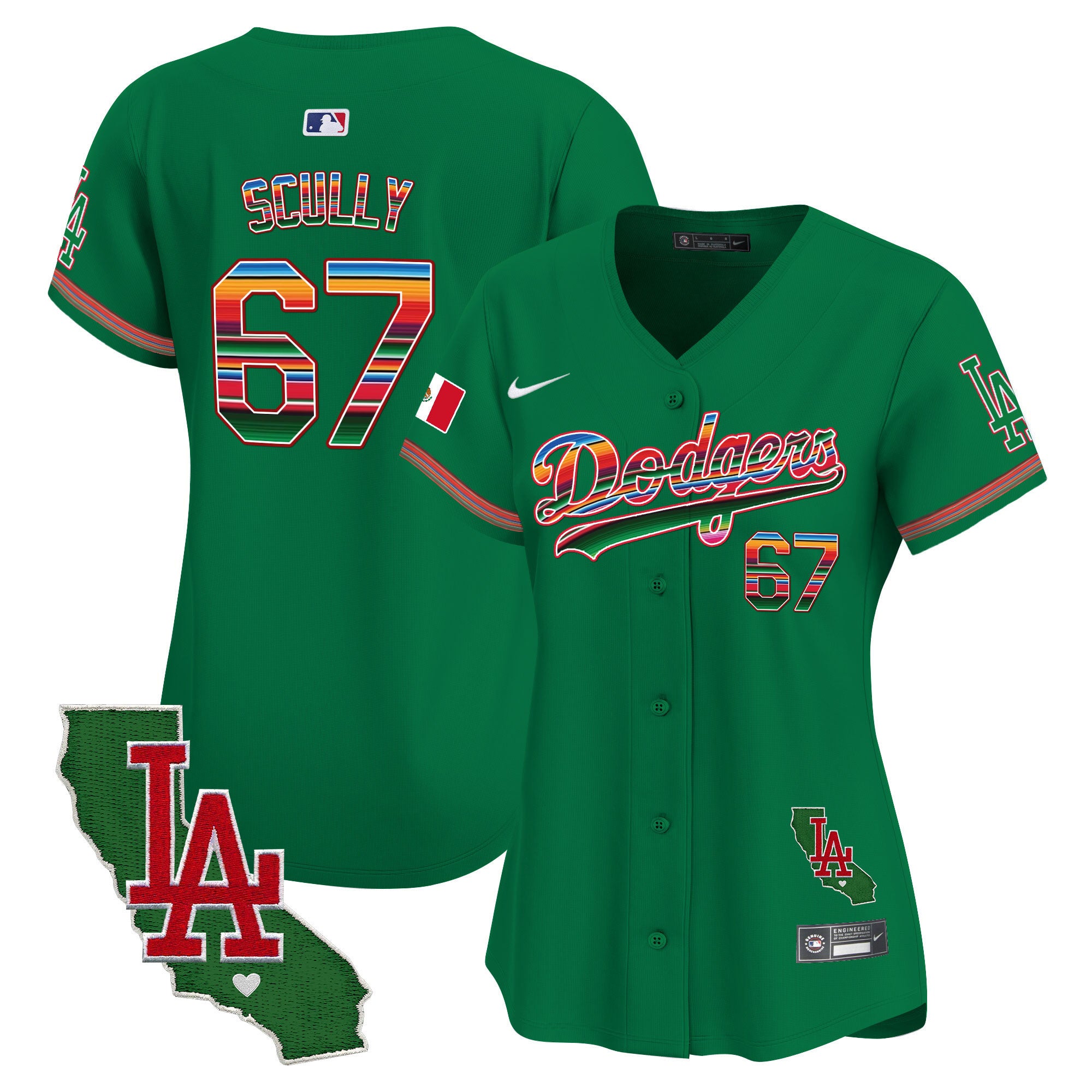 Women's Dodgers Mexico California Patch Vapor Premier Limited Jersey V2 - All Stitched - Green, Vin Scully