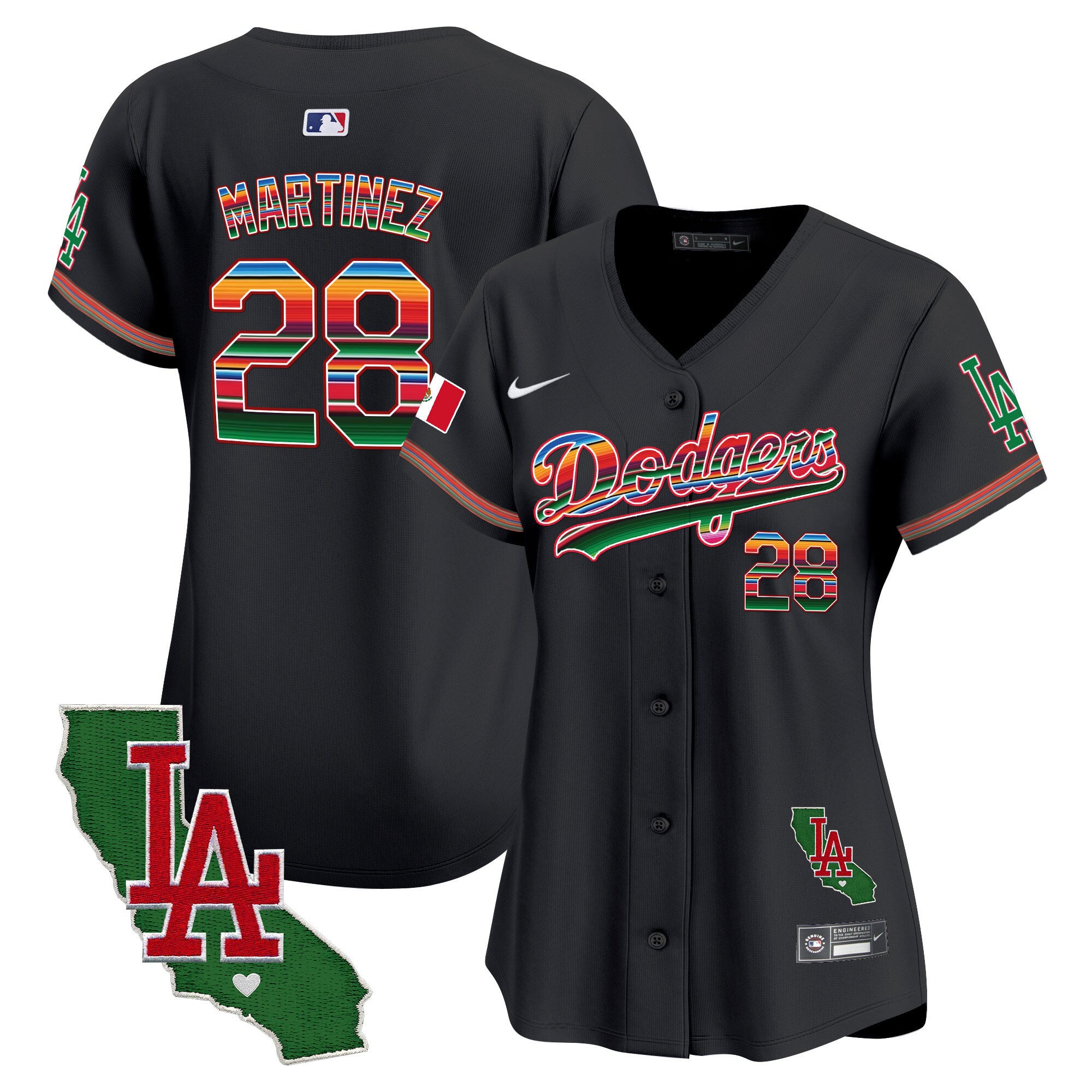 Women's Dodgers Mexico California Patch Vapor Premier Limited Jersey V2 - All Stitched - Black, J.D. Martinez