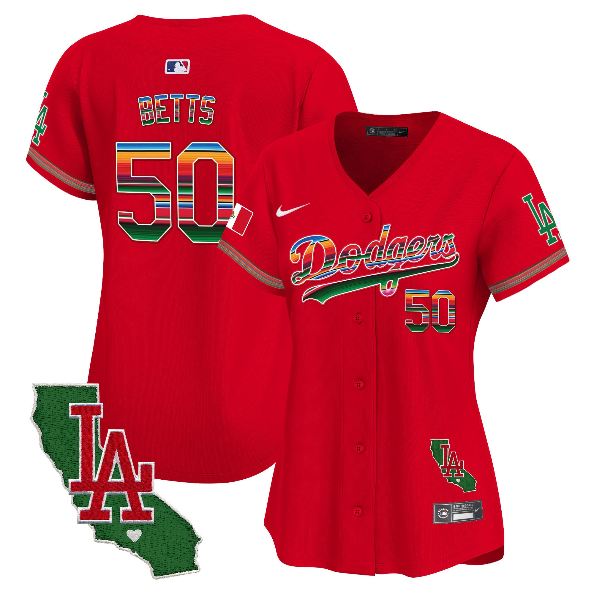 Women's Dodgers Mexico California Patch Vapor Premier Limited Jersey V2 - All Stitched - Red, Mookie Betts