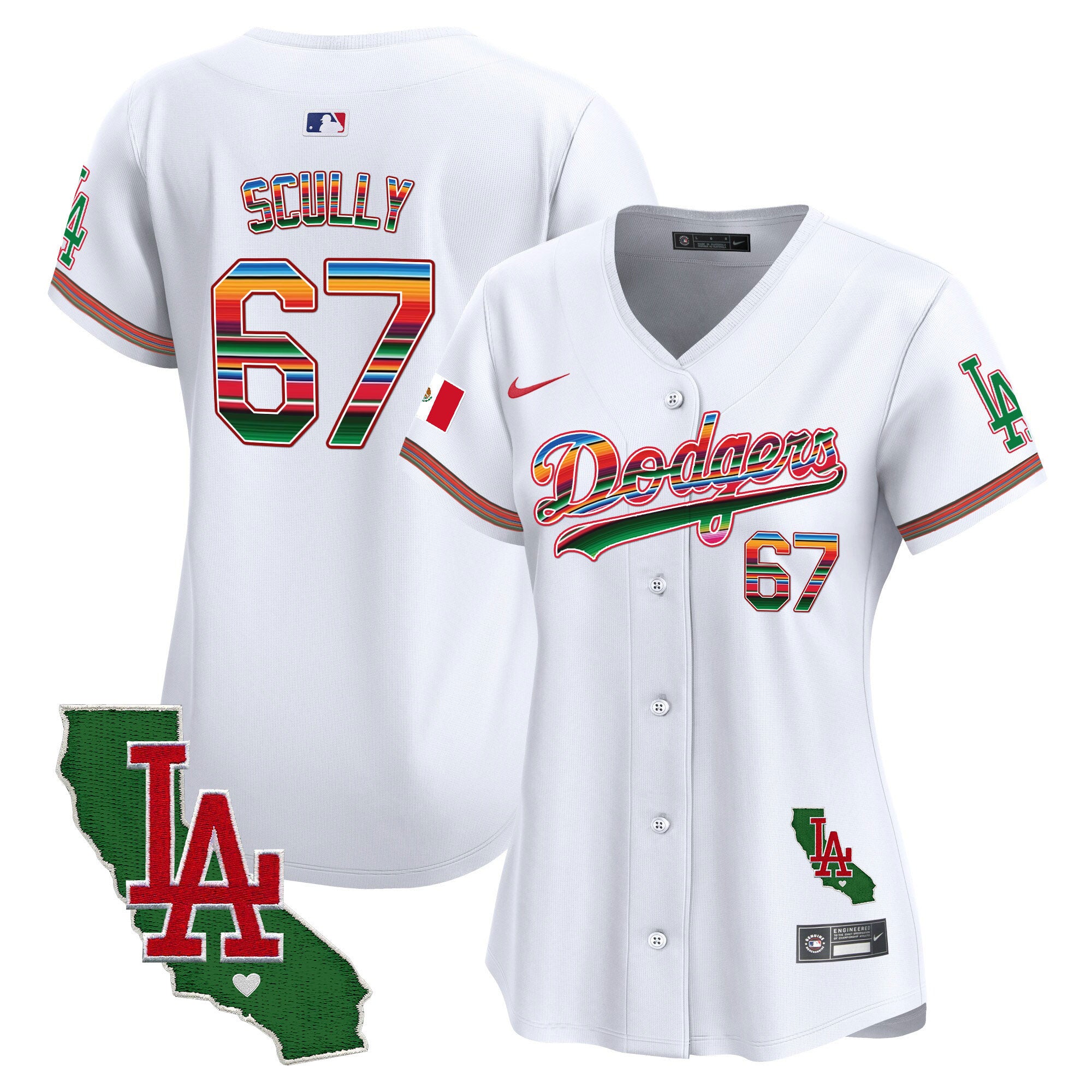 Women's Dodgers Mexico California Patch Vapor Premier Limited Jersey V2 - All Stitched - White, Vin Scully