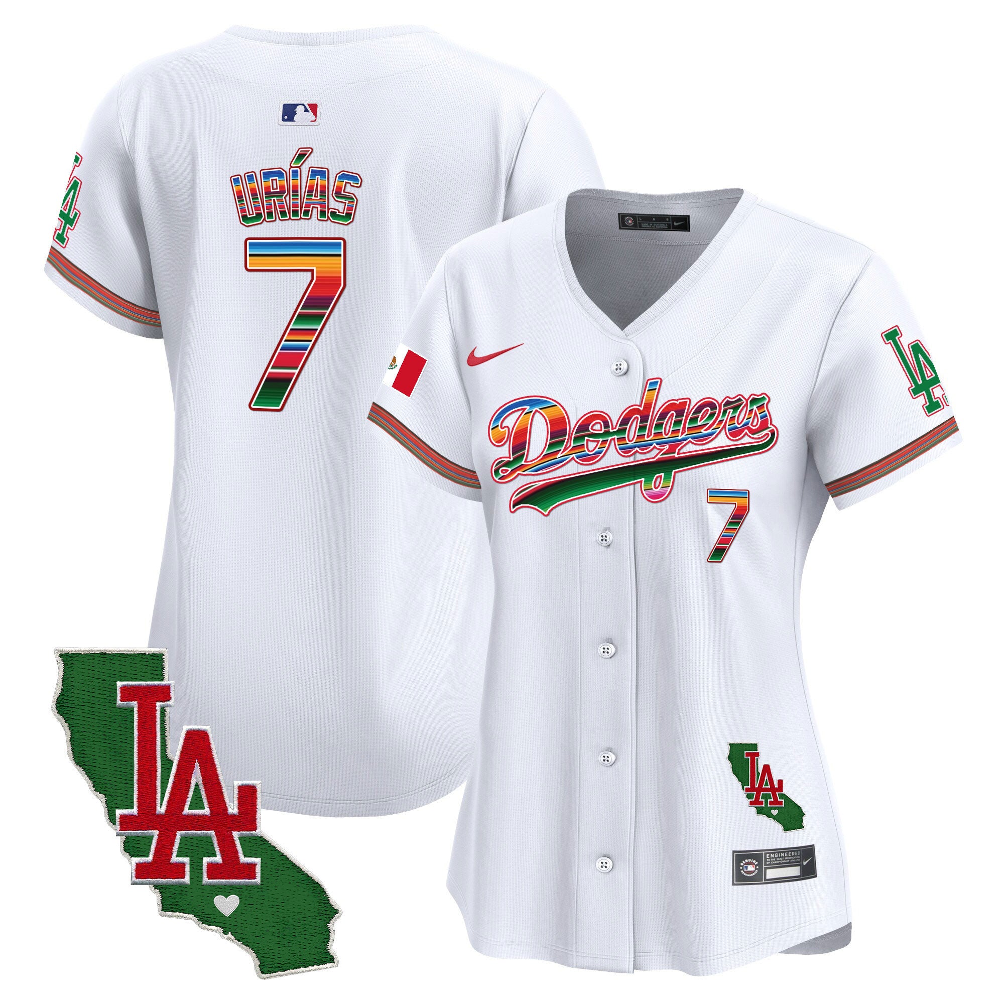 Women's Dodgers Mexico California Patch Vapor Premier Limited Jersey V2 - All Stitched - White, Julio Urías