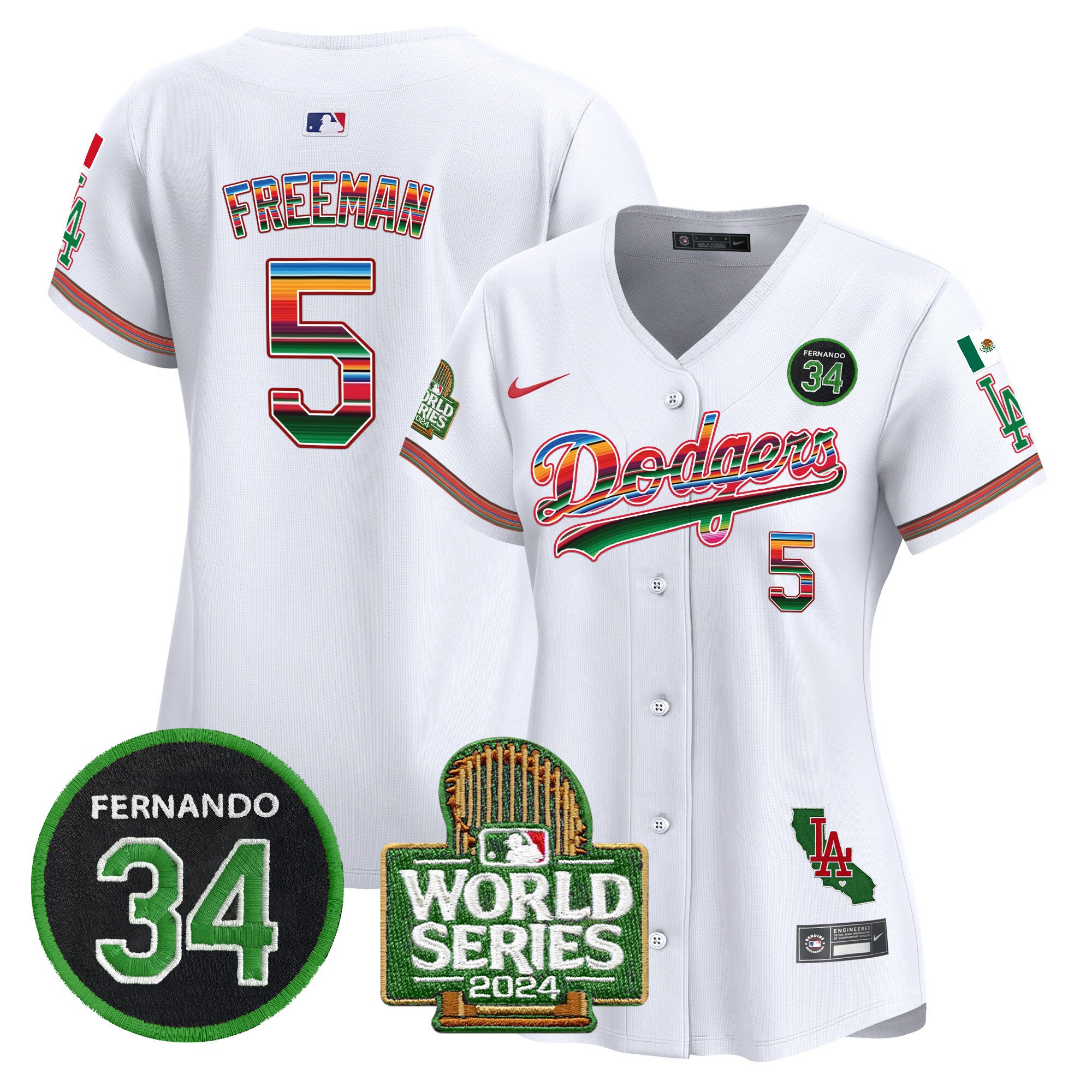 Women's Dodgers Mexico Fernando Memorial & 2024 World Series Patch Vapor Premier Limited Jersey - All Stitched - White, Freddie Freeman