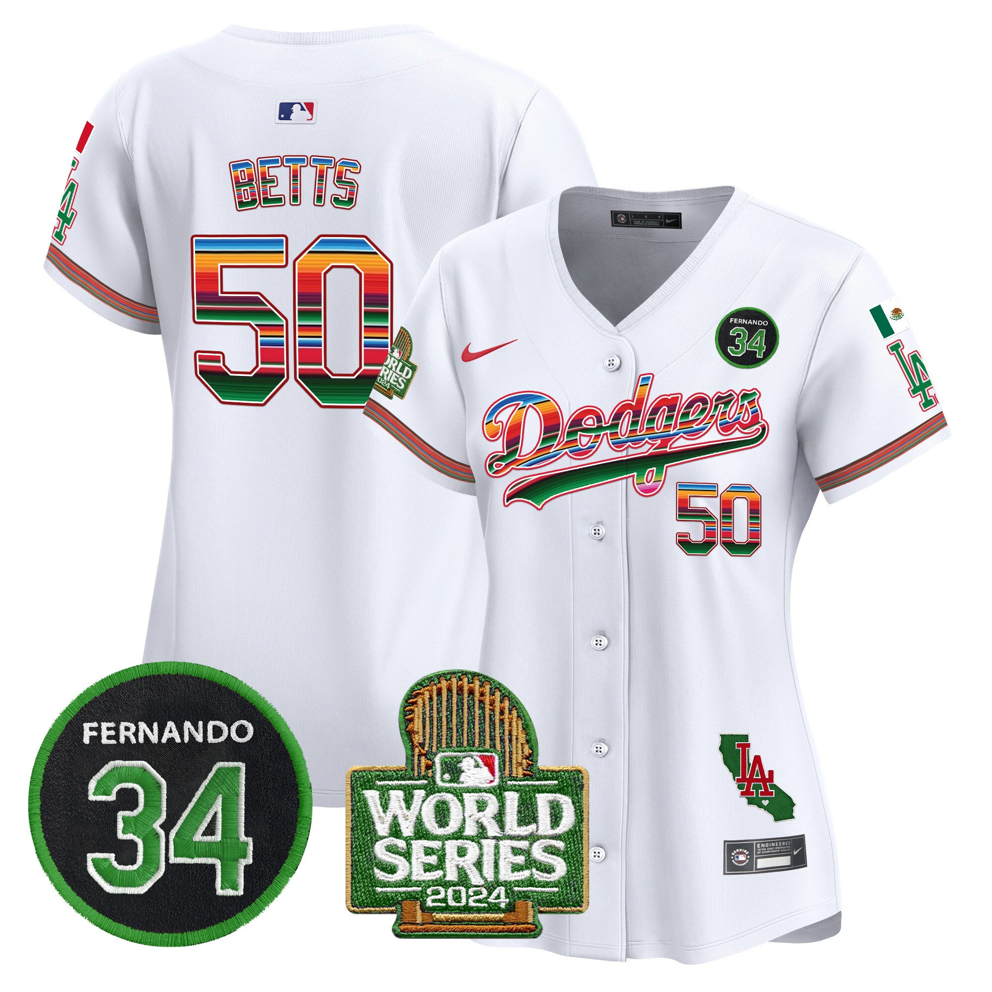 Women's Dodgers Mexico Fernando Memorial & 2024 World Series Patch Vapor Premier Limited Jersey - All Stitched - White, Mookie Betts