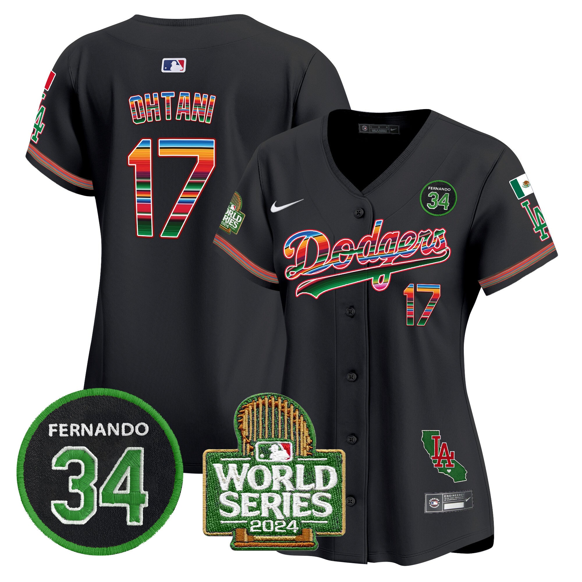 Women's Dodgers Mexico Fernando Memorial & 2024 World Series Patch Vapor Premier Limited Jersey - All Stitched - Black, Shohei Ohtani