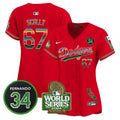Women's Dodgers Mexico Fernando Memorial & 2024 World Series Patch Vapor Premier Limited Jersey - All Stitched - Red, Vin Scully