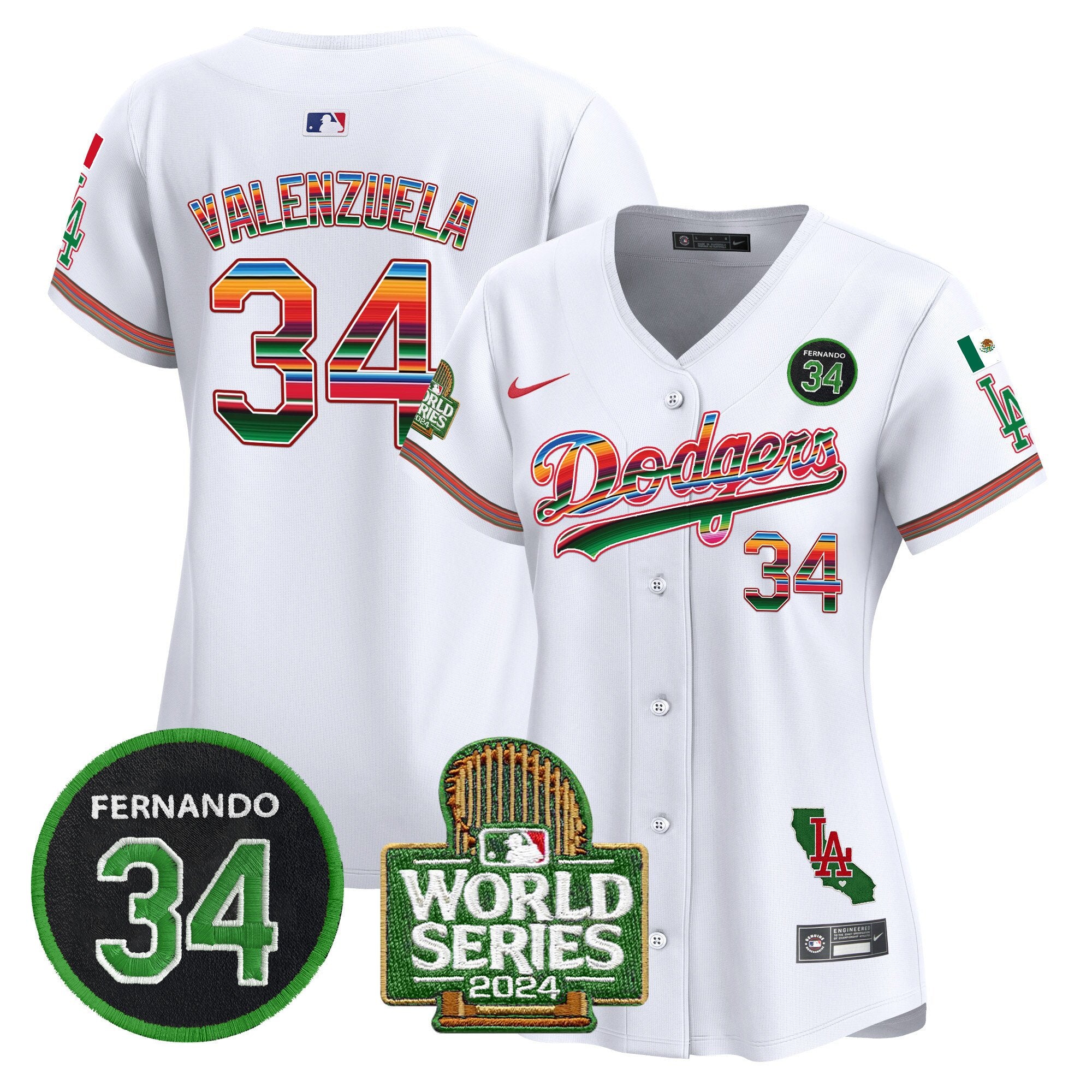 Women's Dodgers Mexico Fernando Memorial & 2024 World Series Patch Vapor Premier Limited Jersey - All Stitched - White, Fernando Valenzuela