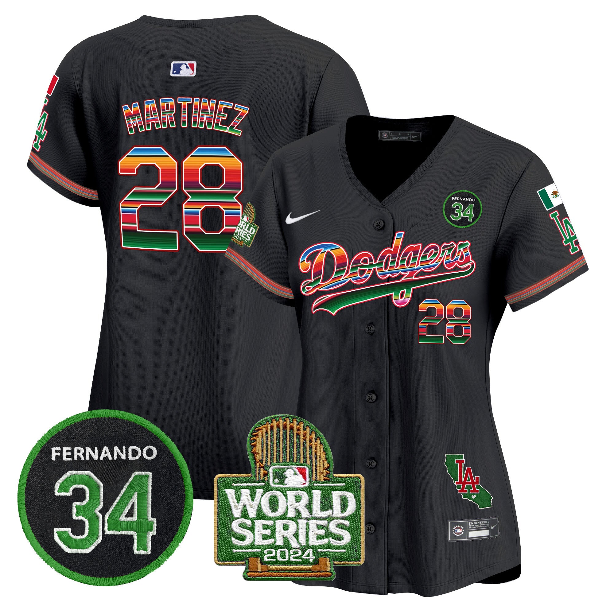 Women's Dodgers Mexico Fernando Memorial & 2024 World Series Patch Vapor Premier Limited Jersey - All Stitched - Black, J.D. Martinez