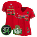 Women's Dodgers Mexico Fernando Memorial & 2024 World Series Patch Vapor Premier Limited Jersey - All Stitched - Red, Mookie Betts