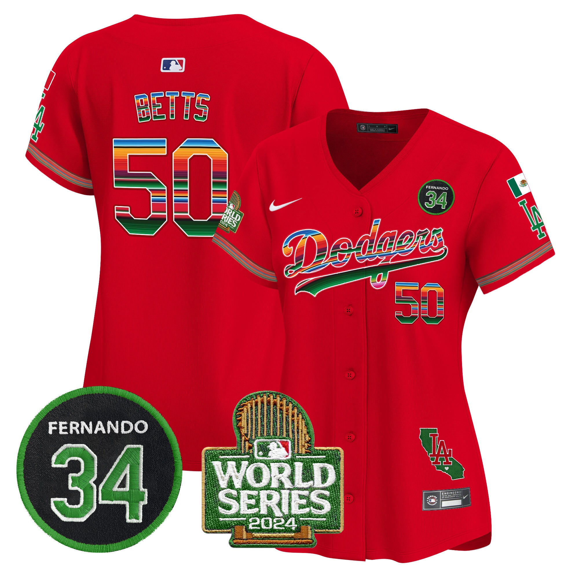 Women's Dodgers Mexico Fernando Memorial & 2024 World Series Patch Vapor Premier Limited Jersey - All Stitched - Red, Mookie Betts
