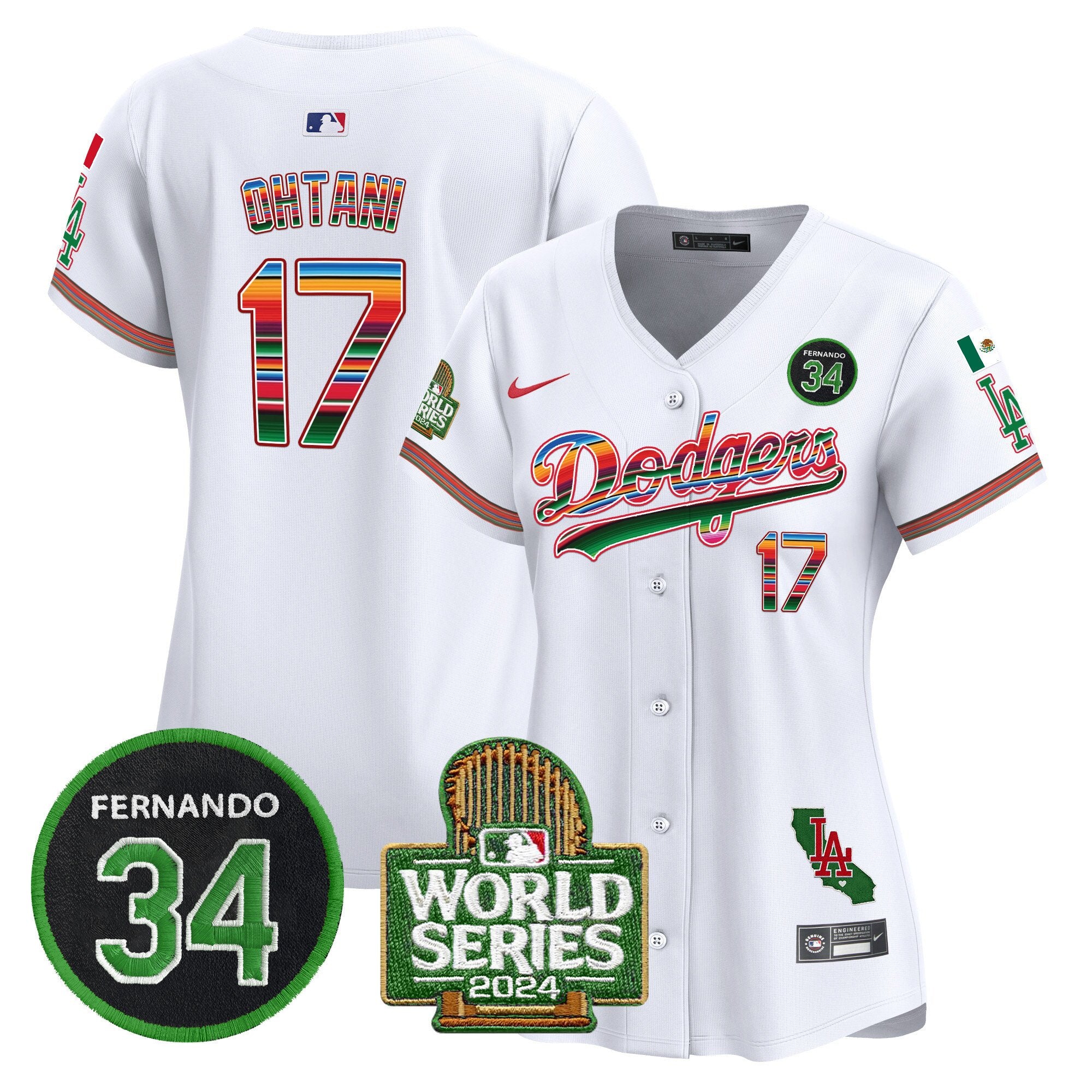 Women's Dodgers Mexico Fernando Memorial & 2024 World Series Patch Vapor Premier Limited Jersey - All Stitched - White, Shohei Ohtani