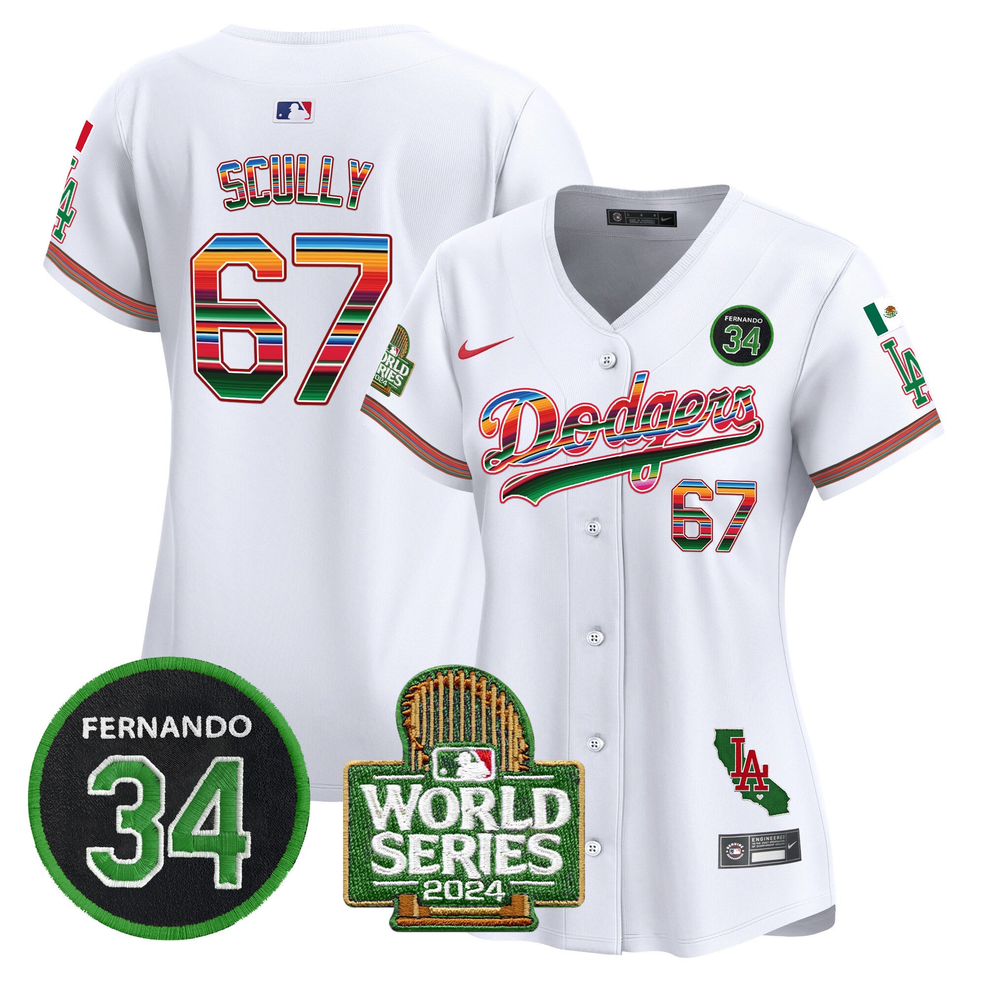 Women's Dodgers Mexico Fernando Memorial & 2024 World Series Patch Vapor Premier Limited Jersey - All Stitched - White, Vin Scully