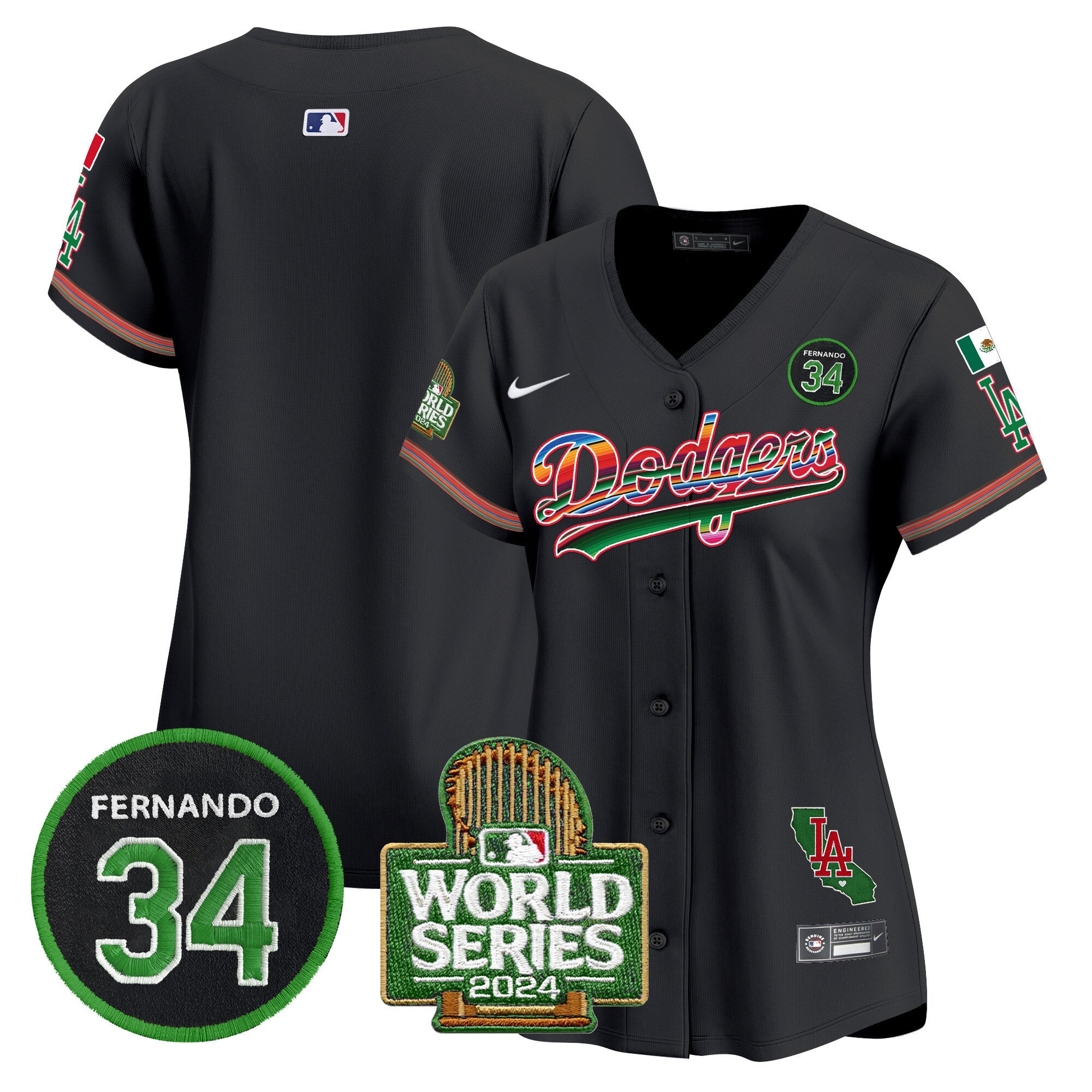 Women's Dodgers Mexico Fernando Memorial & 2024 World Series Patch Vapor Premier Limited Jersey - All Stitched - Black, Team