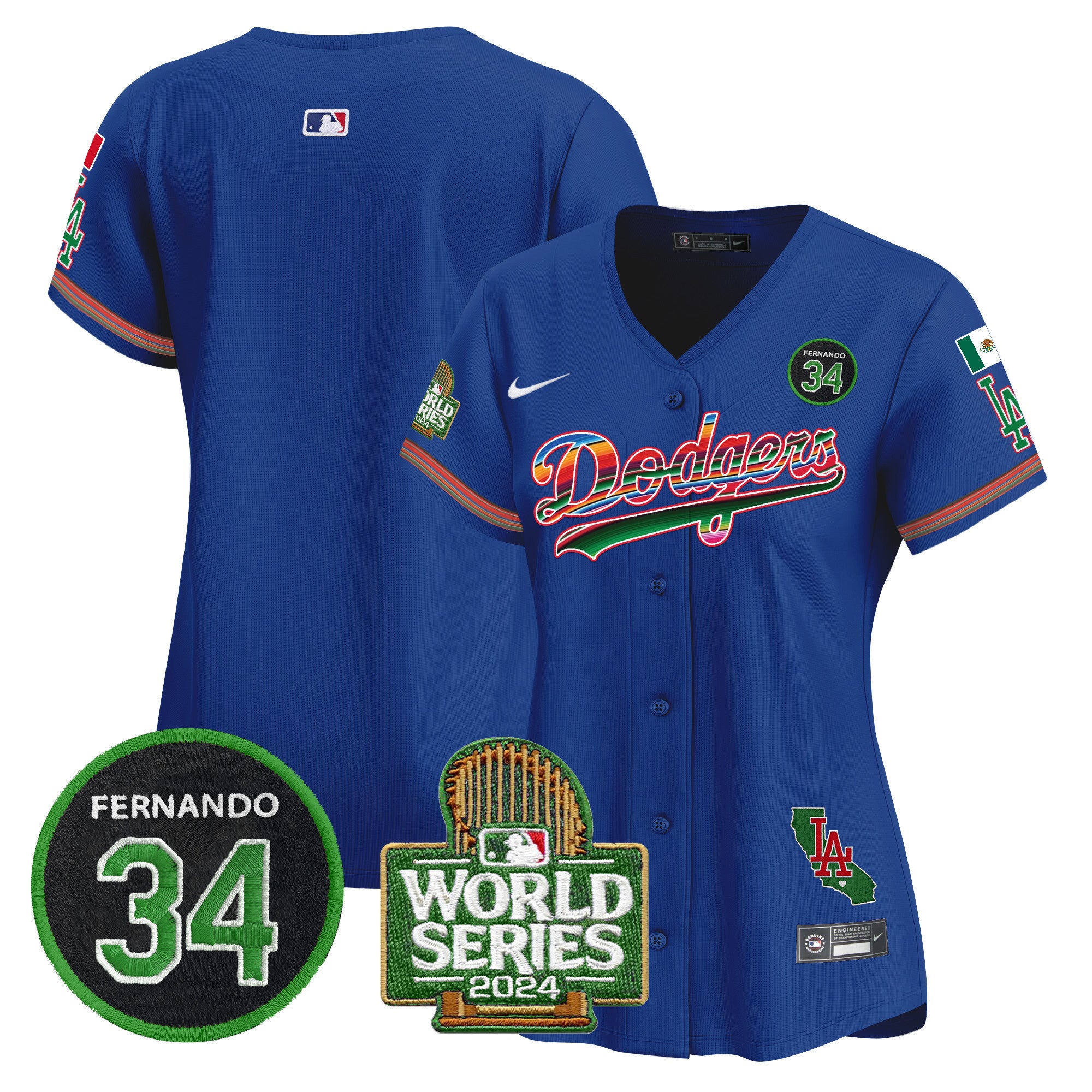 Women's Dodgers Mexico Fernando Memorial & 2024 World Series Patch Vapor Premier Limited Jersey - All Stitched - Royal, Team