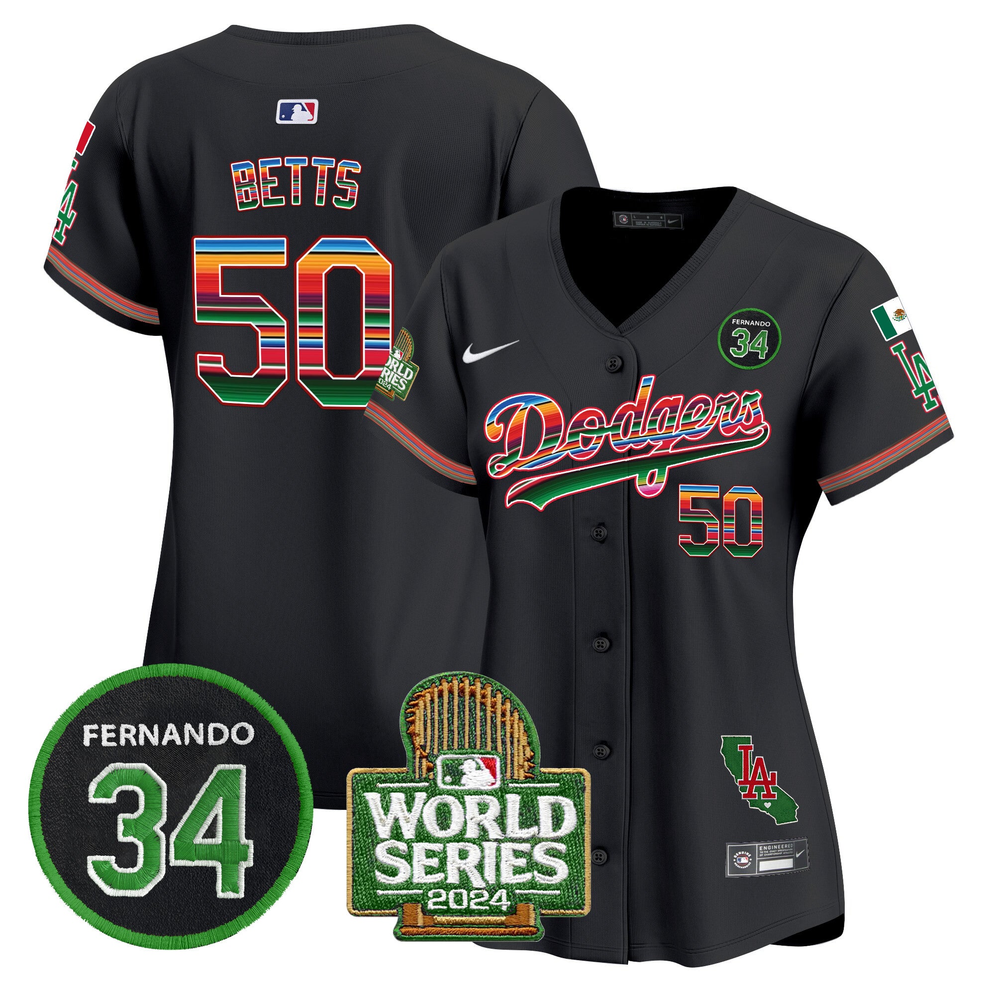 Women's Dodgers Mexico Fernando Memorial & 2024 World Series Patch Vapor Premier Limited Jersey - All Stitched - Black, Mookie Betts