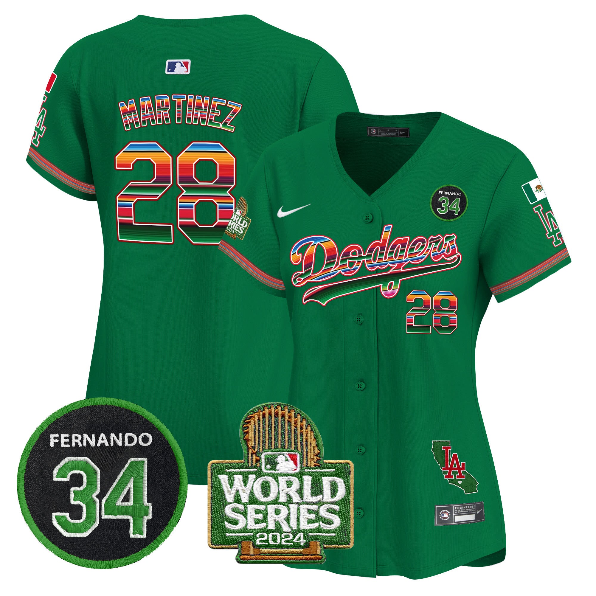Women's Dodgers Mexico Fernando Memorial & 2024 World Series Patch Vapor Premier Limited Jersey - All Stitched - Green, J.D. Martinez