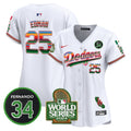 Women's Dodgers Mexico Fernando Memorial & 2024 World Series Patch Vapor Premier Limited Jersey - All Stitched - White, Tommy Edman