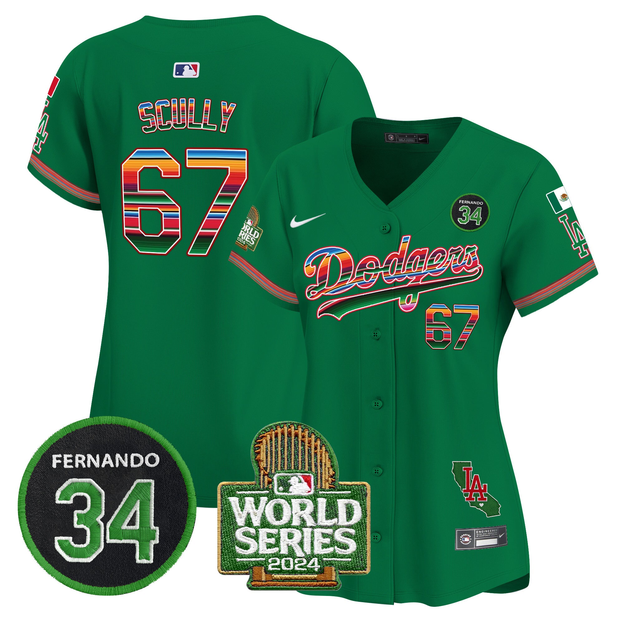 Women's Dodgers Mexico Fernando Memorial & 2024 World Series Patch Vapor Premier Limited Jersey - All Stitched - Green, Vin Scully