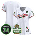 Women's Dodgers Mexico Fernando Memorial & 2024 World Series Patch Vapor Premier Limited Jersey - All Stitched - White, Team