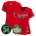 Women's Dodgers Mexico Fernando Memorial & 2024 World Series Patch Vapor Premier Limited Jersey - All Stitched - Red, Team