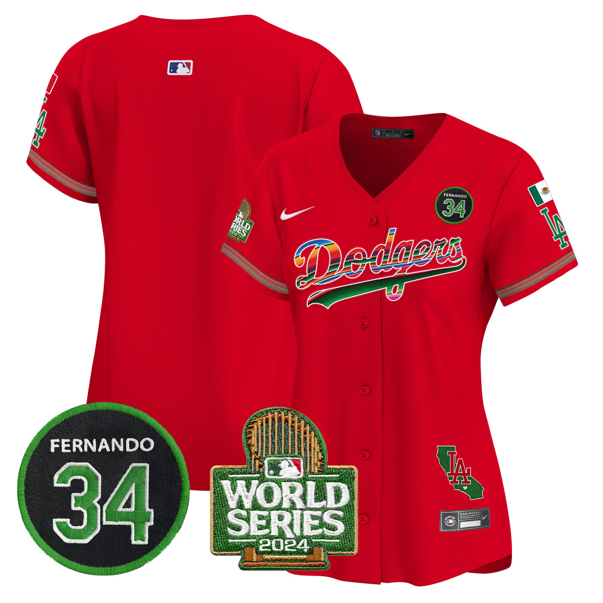 Women's Dodgers Mexico Fernando Memorial & 2024 World Series Patch Vapor Premier Limited Jersey - All Stitched - Red, Team
