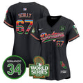 Women's Dodgers Mexico Fernando Memorial & 2024 World Series Patch Vapor Premier Limited Jersey - All Stitched - Black, Vin Scully