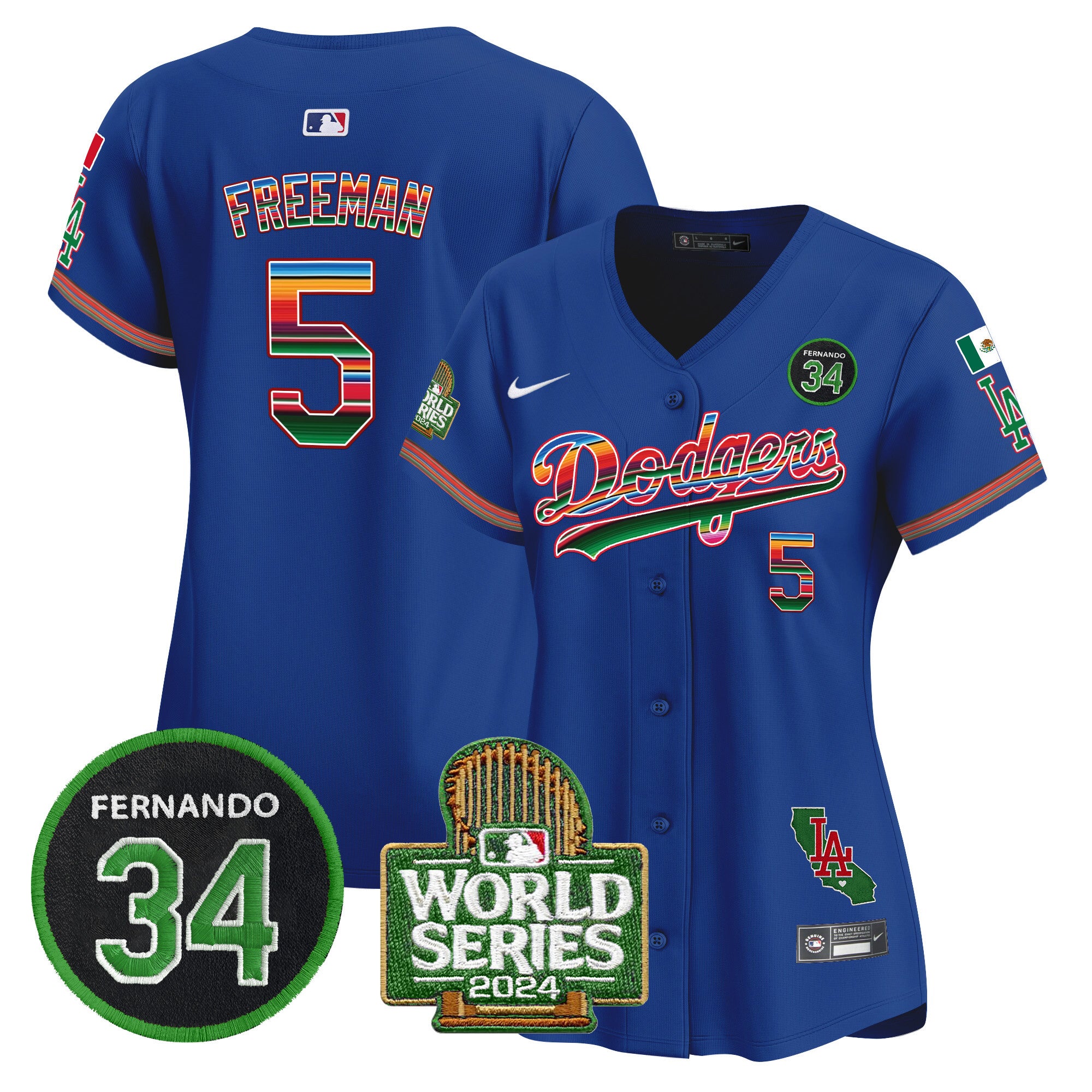 Women's Dodgers Mexico Fernando Memorial & 2024 World Series Patch Vapor Premier Limited Jersey - All Stitched - Royal, Freddie Freeman