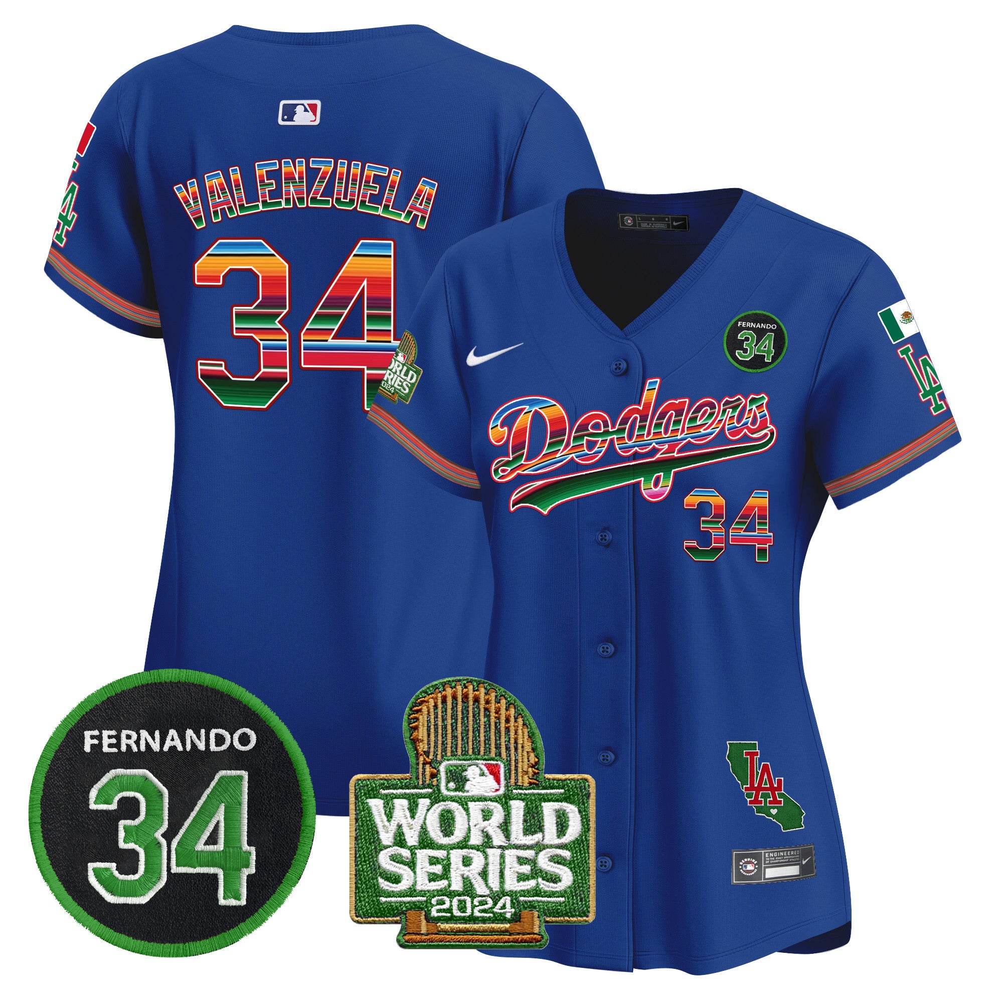 Women's Dodgers Mexico Fernando Memorial & 2024 World Series Patch Vapor Premier Limited Jersey - All Stitched - Royal, Fernando Valenzuela
