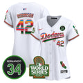 Women's Dodgers Mexico Fernando Memorial & 2024 World Series Patch Vapor Premier Limited Jersey - All Stitched - White, Jackie Robinson