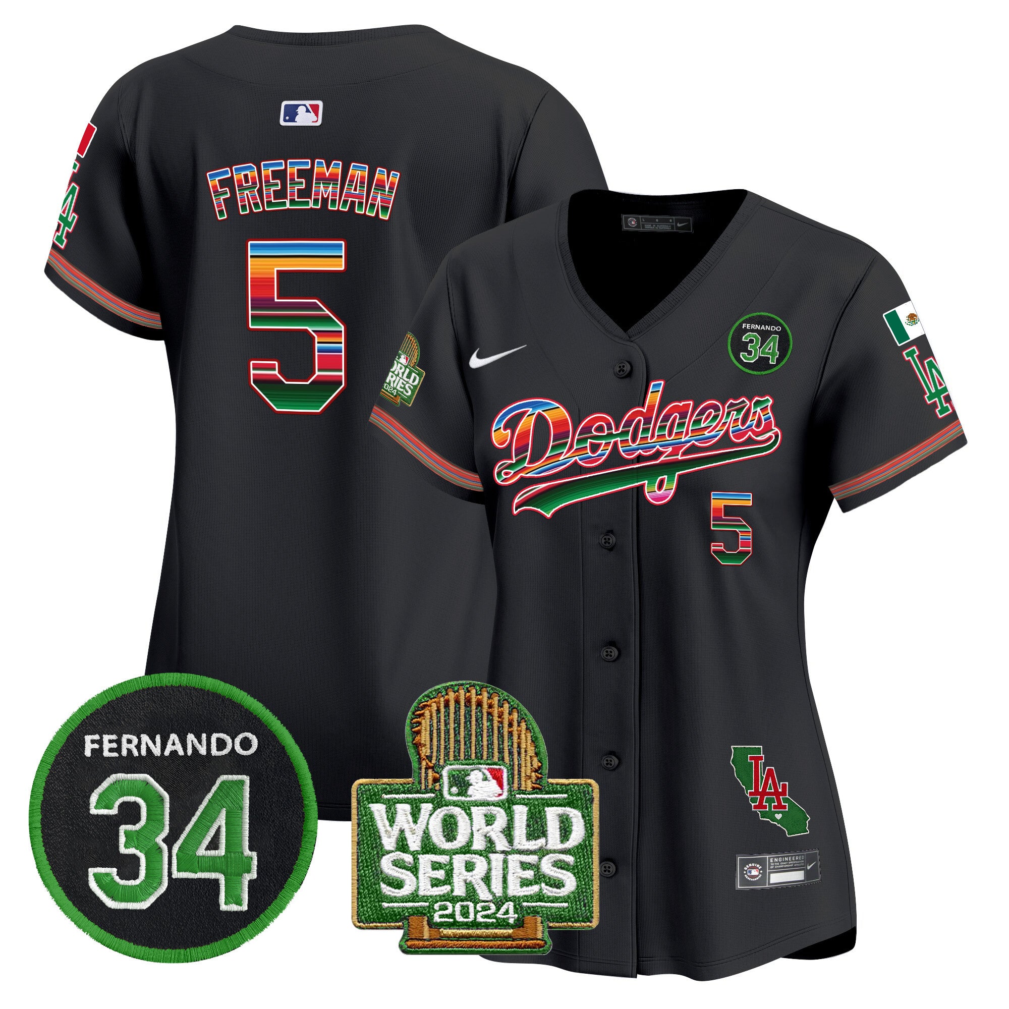 Women's Dodgers Mexico Fernando Memorial & 2024 World Series Patch Vapor Premier Limited Jersey - All Stitched - Black, Freddie Freeman