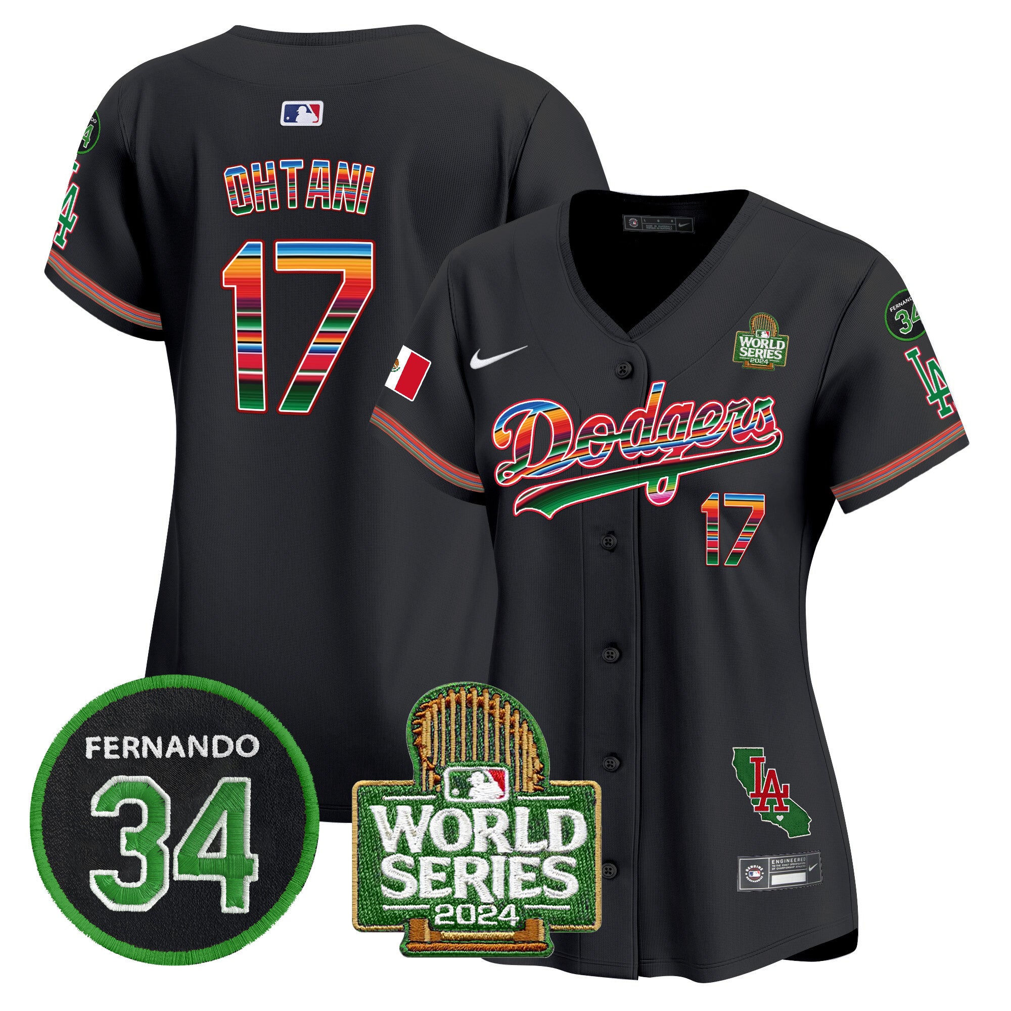 Women's Dodgers Mexico Fernando Memorial & 2024 World Series Patch Vapor Premier Limited Jersey V2 - All Stitched - Black, Shohei Ohtani