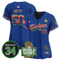 Women's Dodgers Mexico Fernando Memorial & 2024 World Series Patch Vapor Premier Limited Jersey V2 - All Stitched - Royal, Mookie Betts