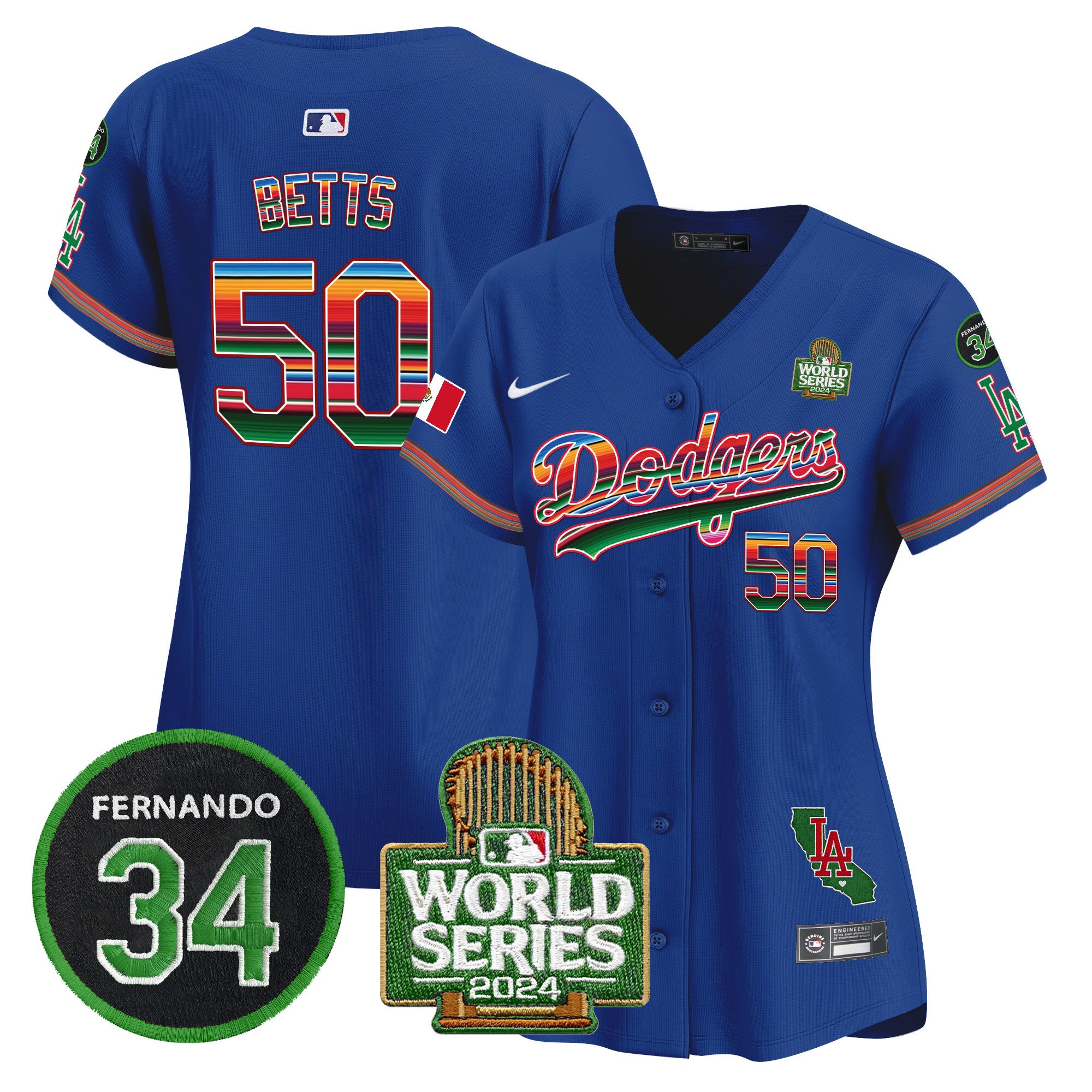 Women's Dodgers Mexico Fernando Memorial & 2024 World Series Patch Vapor Premier Limited Jersey V2 - All Stitched - Royal, Mookie Betts