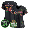 Women's Dodgers Mexico Fernando Memorial & 2024 World Series Patch Vapor Premier Limited Jersey V2 - All Stitched - Black, Fernando Valenzuela