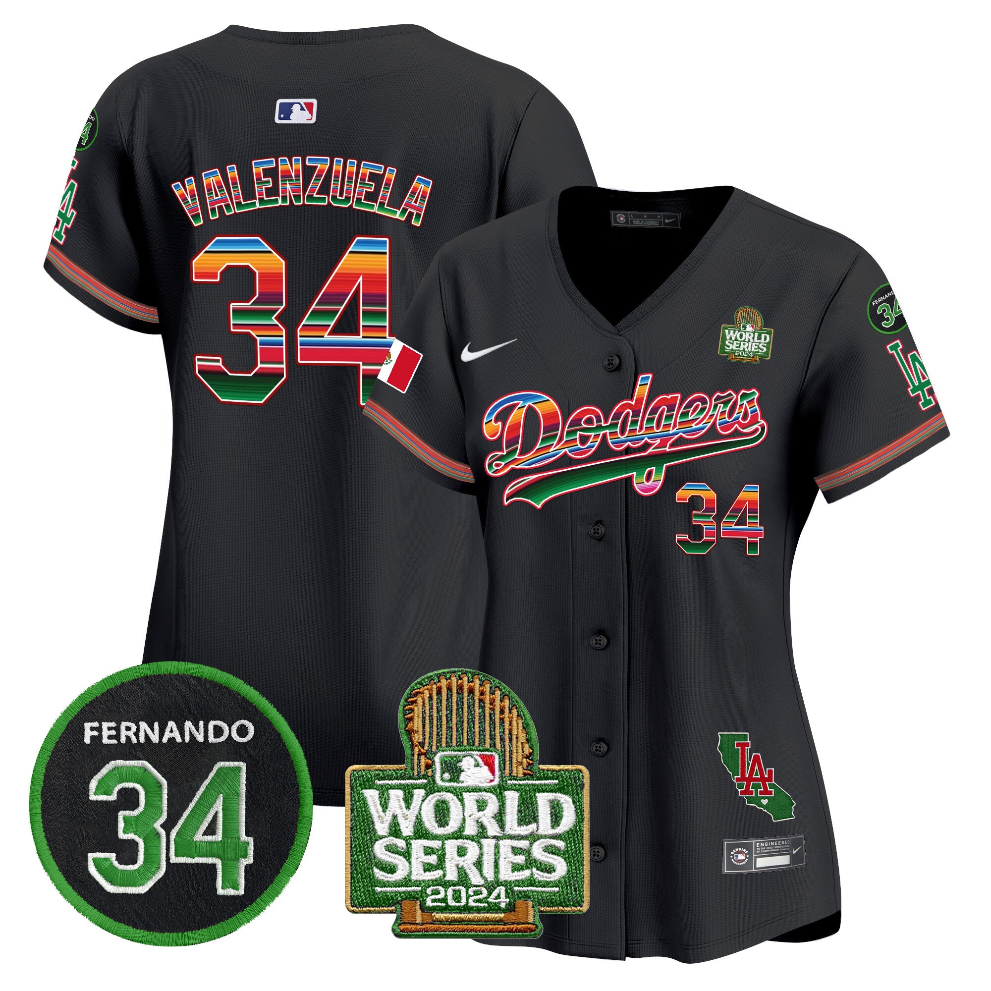 Women's Dodgers Mexico Fernando Memorial & 2024 World Series Patch Vapor Premier Limited Jersey V2 - All Stitched - Black, Fernando Valenzuela