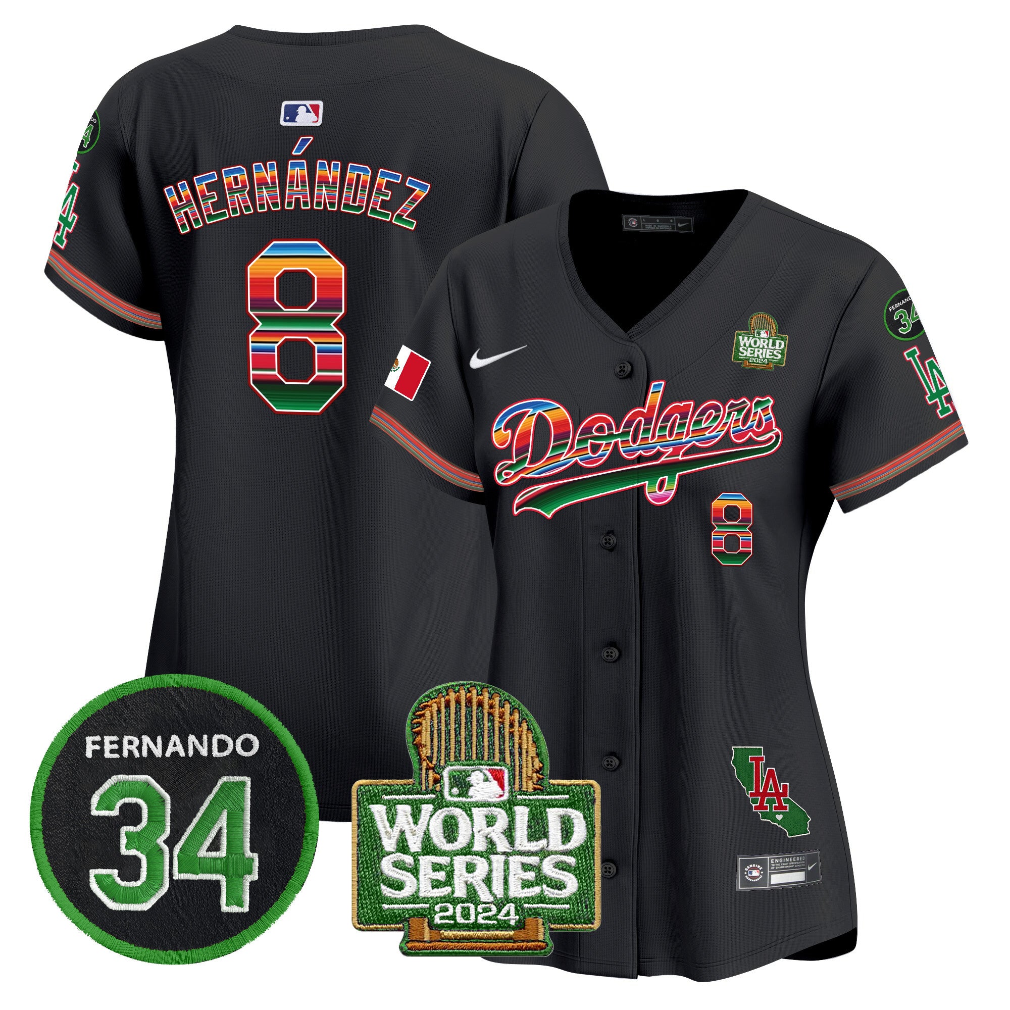 Women's Dodgers Mexico Fernando Memorial & 2024 World Series Patch Vapor Premier Limited Jersey V2 - All Stitched - Black, Kike Hernandez