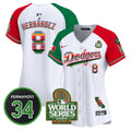 Women's Dodgers Mexico Fernando Memorial & 2024 World Series Patch Vapor Premier Limited Jersey V2 - All Stitched - Alternate, Kike Hernandez