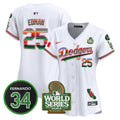 Women's Dodgers Mexico Fernando Memorial & 2024 World Series Patch Vapor Premier Limited Jersey V2 - All Stitched - White, Tommy Edman