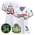 Women's Dodgers Mexico Fernando Memorial & 2024 World Series Patch Vapor Premier Limited Jersey V2 - All Stitched - White, Mookie Betts