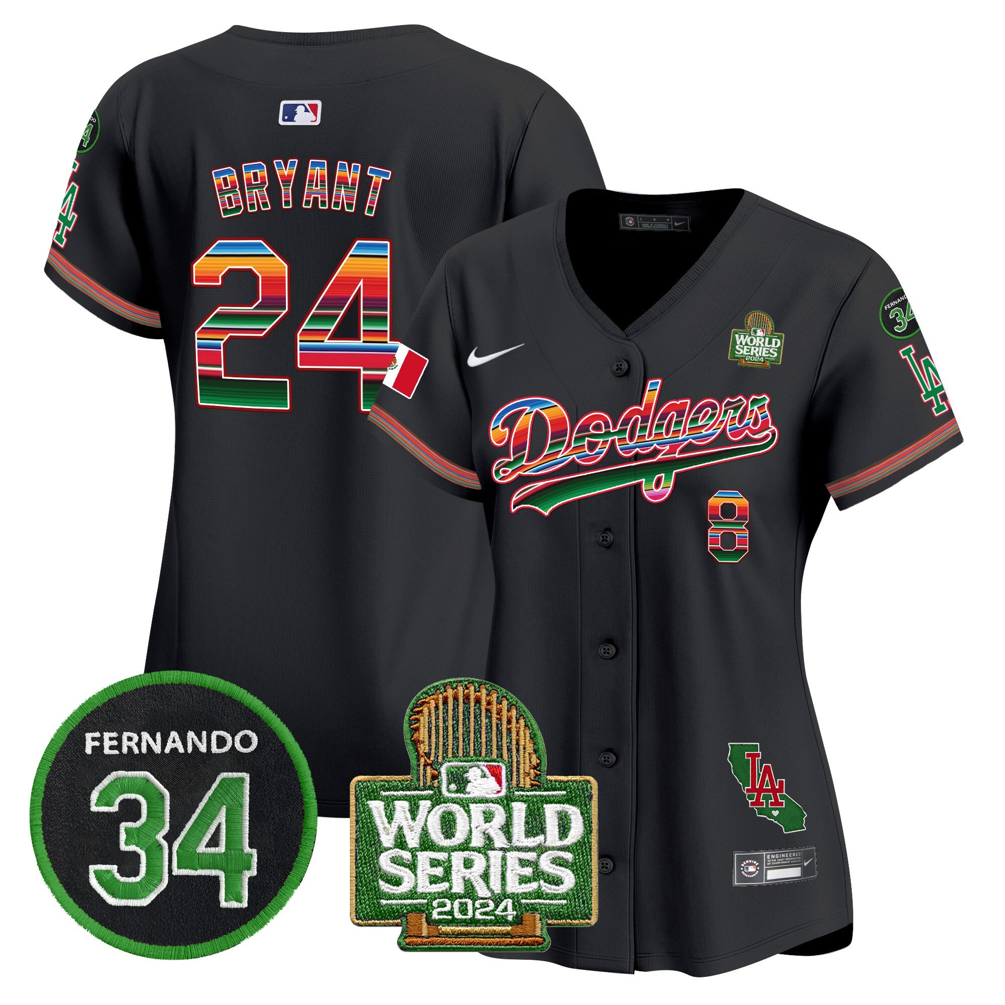 Women's Dodgers Mexico Fernando Memorial & 2024 World Series Patch Vapor Premier Limited Jersey V2 - All Stitched - Black, Kobe Bryant