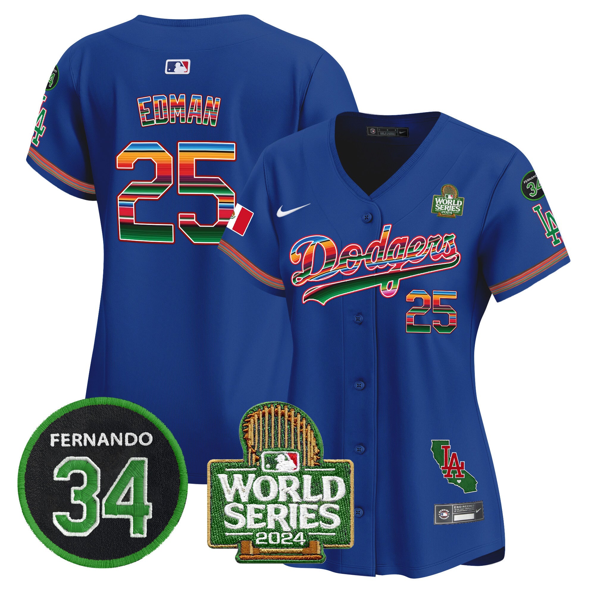 Women's Dodgers Mexico Fernando Memorial & 2024 World Series Patch Vapor Premier Limited Jersey V2 - All Stitched - Royal, Tommy Edman