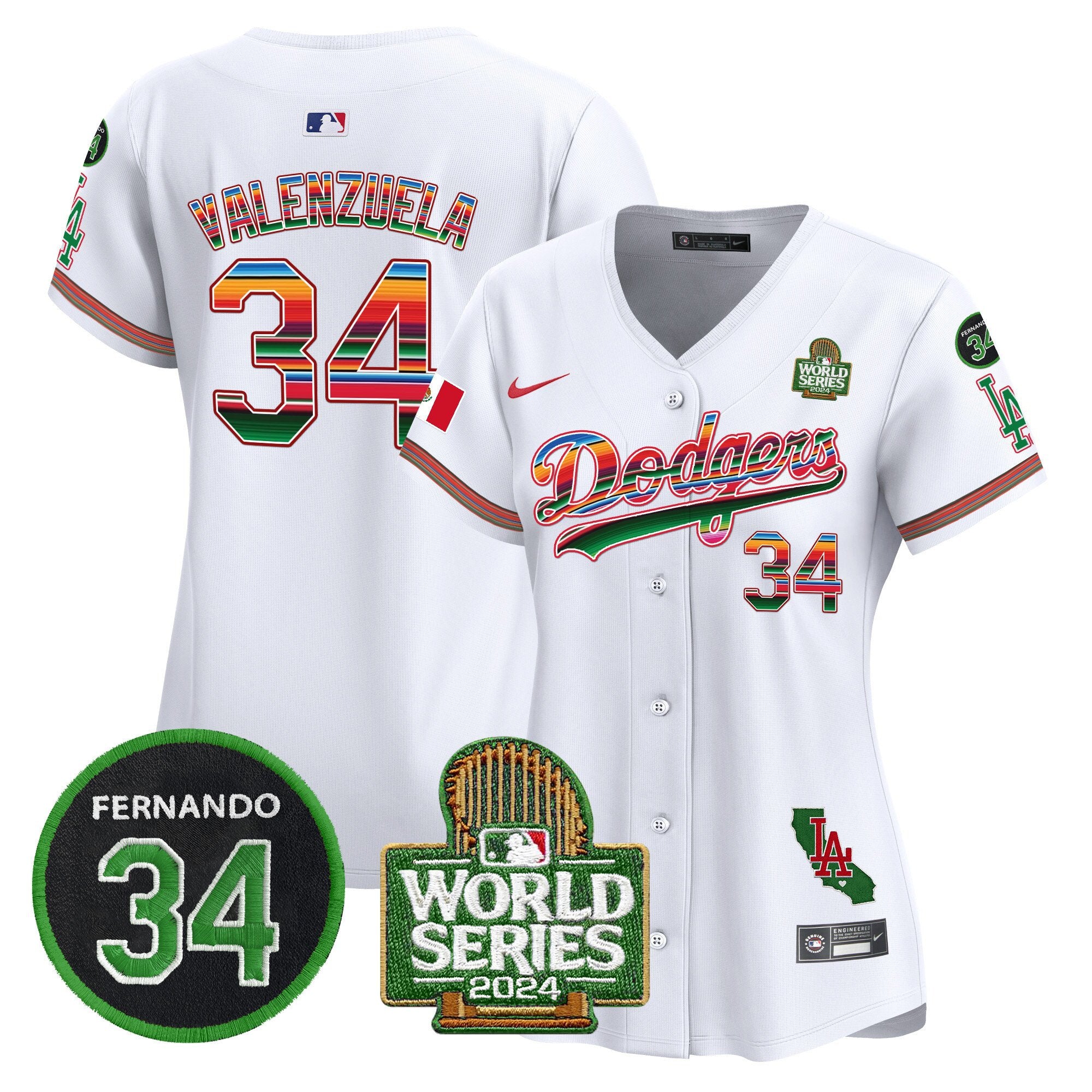 Women's Dodgers Mexico Fernando Memorial & 2024 World Series Patch Vapor Premier Limited Jersey V2 - All Stitched - White, Fernando Valenzuela