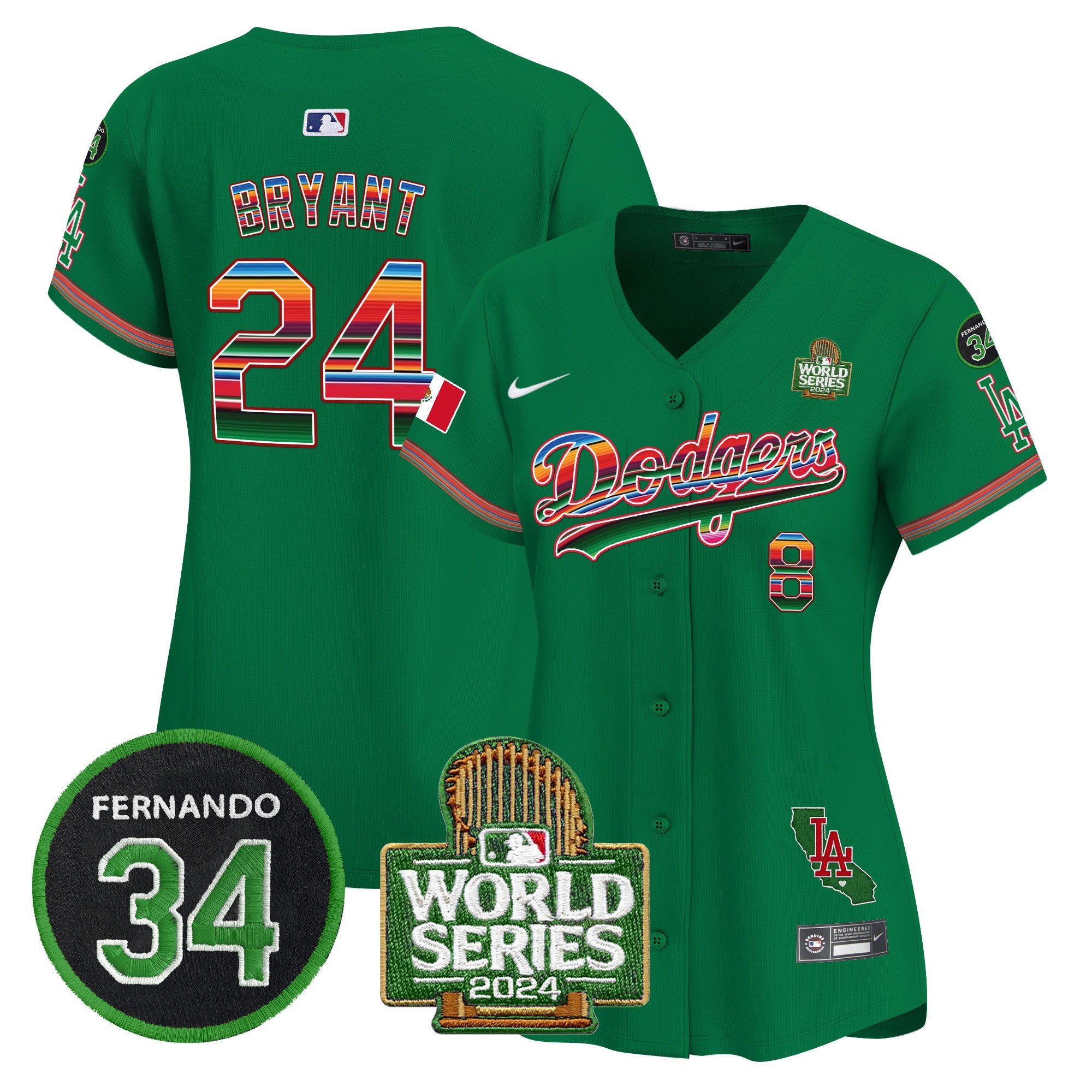 Women's Dodgers Mexico Fernando Memorial & 2024 World Series Patch Vapor Premier Limited Jersey V2 - All Stitched - Green, Kobe Bryant