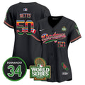 Women's Dodgers Mexico Fernando Memorial & 2024 World Series Patch Vapor Premier Limited Jersey V2 - All Stitched - Black, Mookie Betts