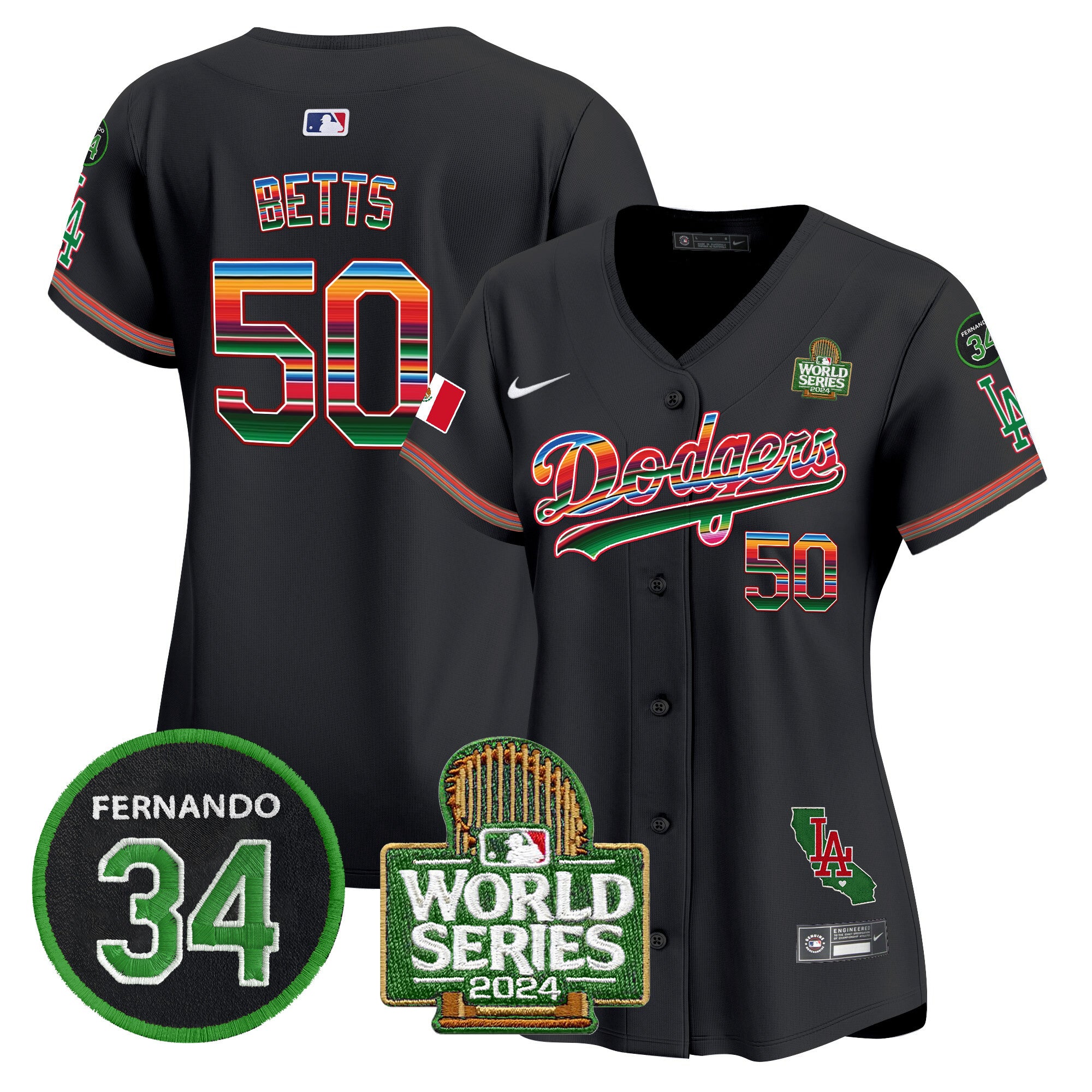 Women's Dodgers Mexico Fernando Memorial & 2024 World Series Patch Vapor Premier Limited Jersey V2 - All Stitched - Black, Mookie Betts